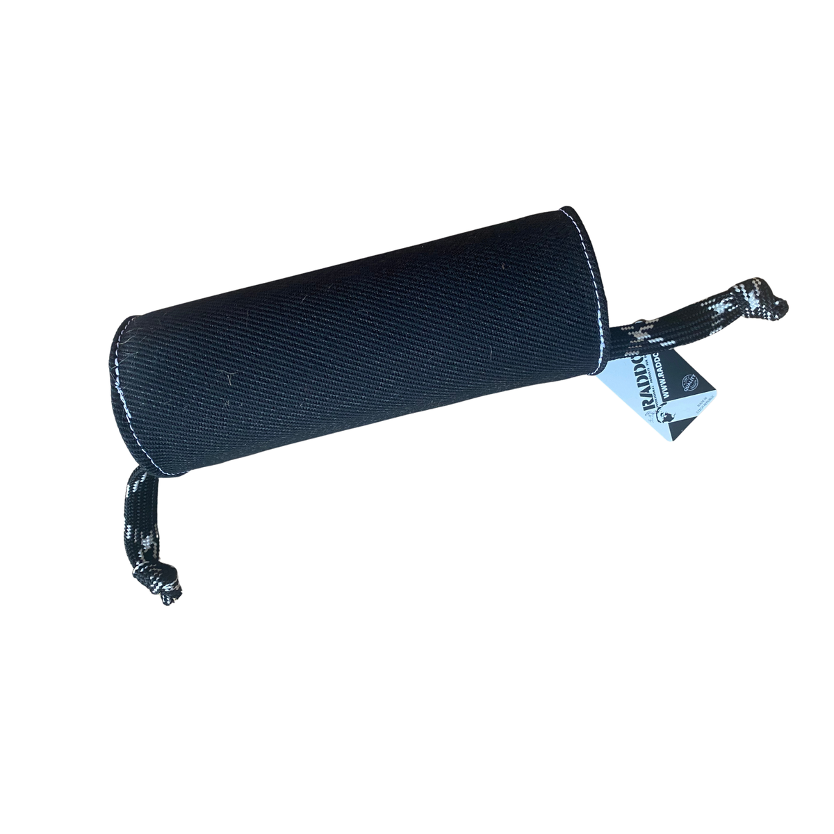 RADDOG large ROLL Nylcot tug in black with cylindrical shape, reinforced stitching, and two rope handles for reward and retrieval dog training.