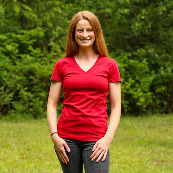 Ruffdog Ladies RED Cotton T-Shirt – Slim Fit Deep V-Neck SAVE 60%