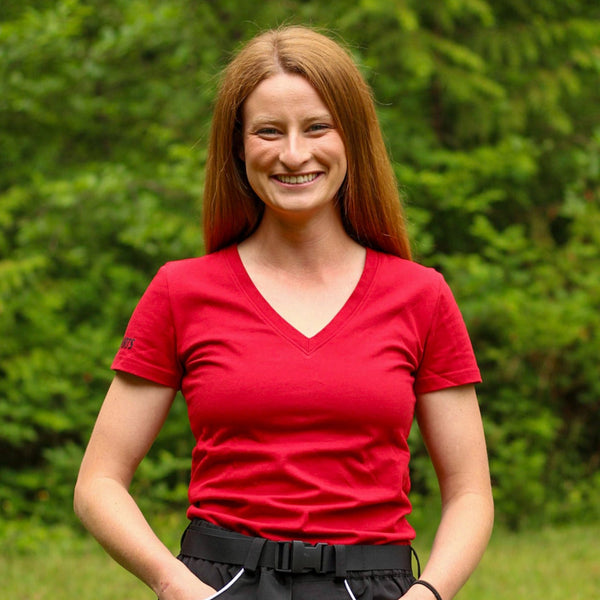 Ruffdog Ladies RED Cotton T-Shirt – Slim Fit Deep V-Neck SAVE 60%