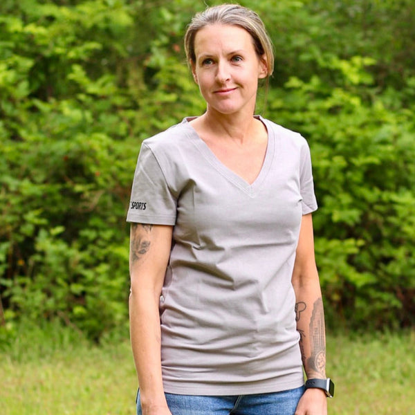 Ruffdog Ladies LIGHT GREY Cotton T-Shirt – Slim Fit Deep V-Neck SAVE 60%