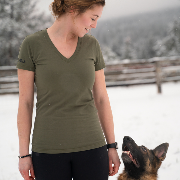 Ruffdog Ladies OLIVE Cotton T-Shirt – Slim Fit Deep V-Neck SAVE 60%