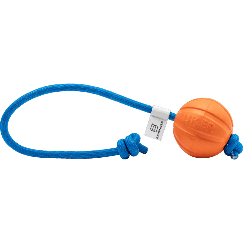 Orange rubber dog ball toy attached to a blue rope with knots