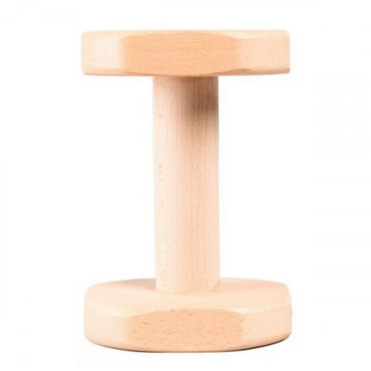 Lightweight wooden dumbbell with a smooth natural finish, featuring two rounded ends connected by a straight handle, isolated on a white background.