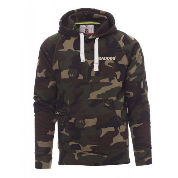 RADDOG camo hoodie in green and brown camouflage pattern with white drawstrings, front kangaroo pocket, and logo on chest for dog training wear.