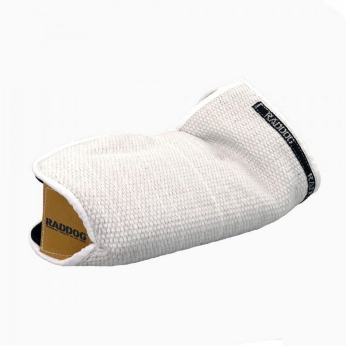 White dog training bite sleeve with a curved padded shape, made from durable textured fabric, featuring reinforced edges and visible RADDOG branding, isolated on a white background.