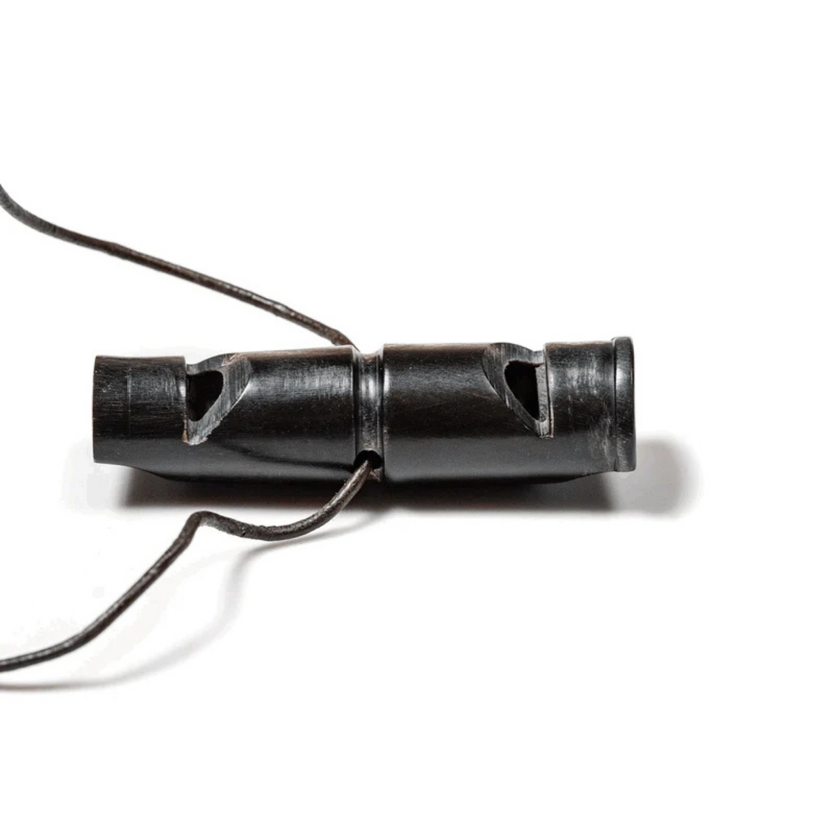 Black dual-tone dog whistle with a smooth cylindrical body and attached black lanyard cord, shown in close-up against a plain background.