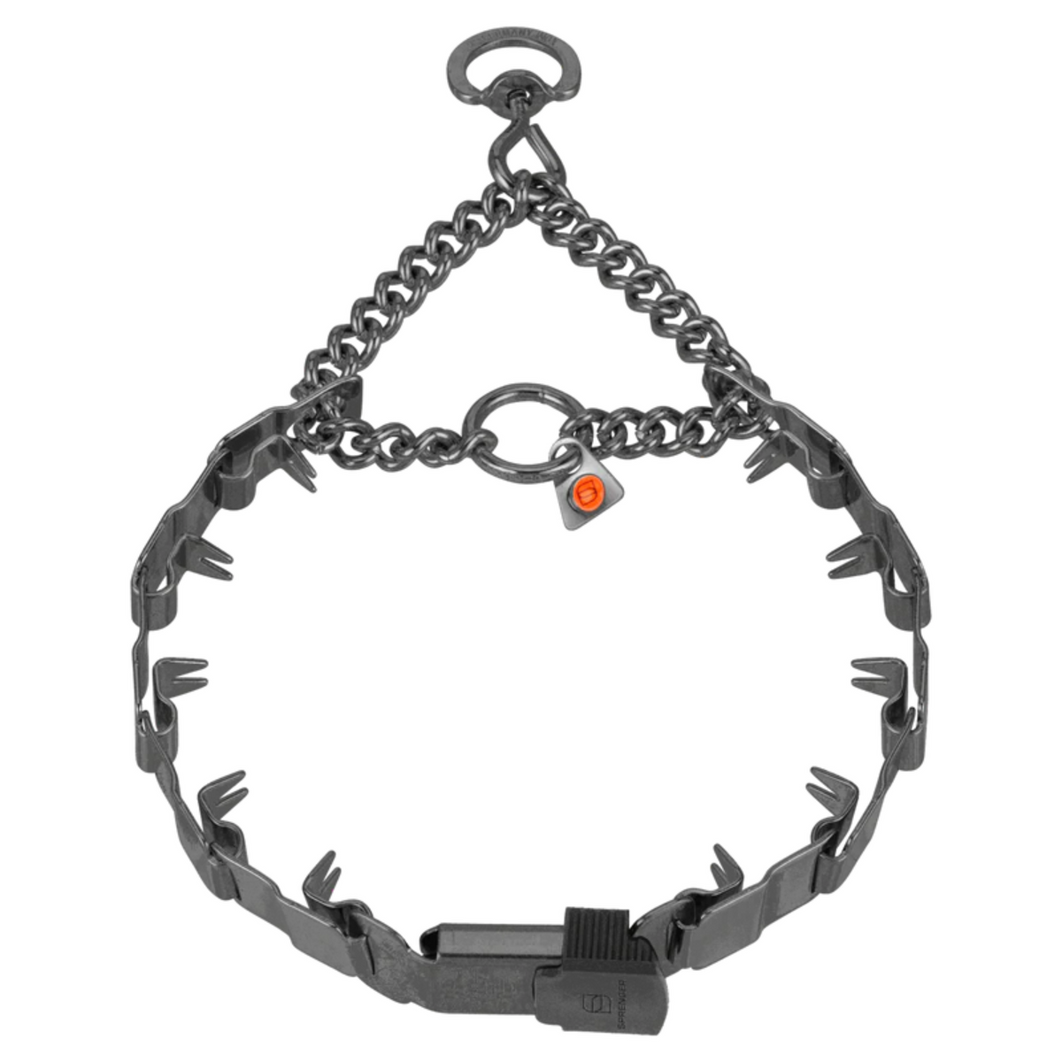 A matte black dog training collar with a metal prong design and a swivel ring.

