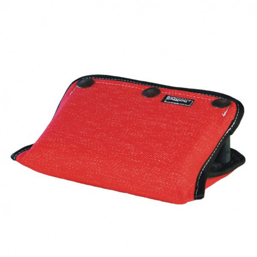 A red RADDOG Trojan bite wedge with three handles, designed for dog training.