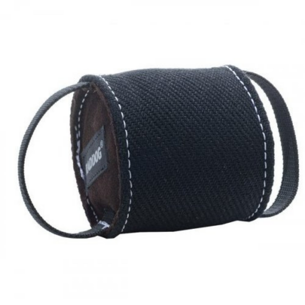 A black Raddog Bite Roll Nylcot toy with two handles designed to fit inside a dumbell for dog training.