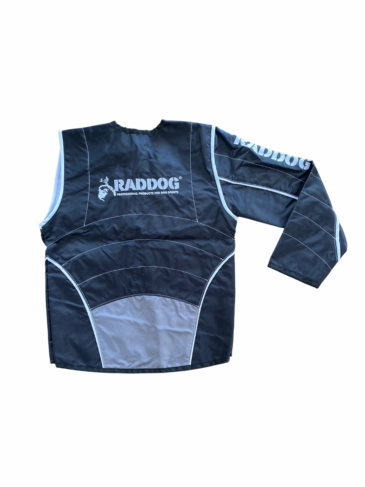 RADDOG heavy protection jacket in dark color with reinforced padding, ergonomic paneling, and branded logo, designed for professional dog training and helper work.