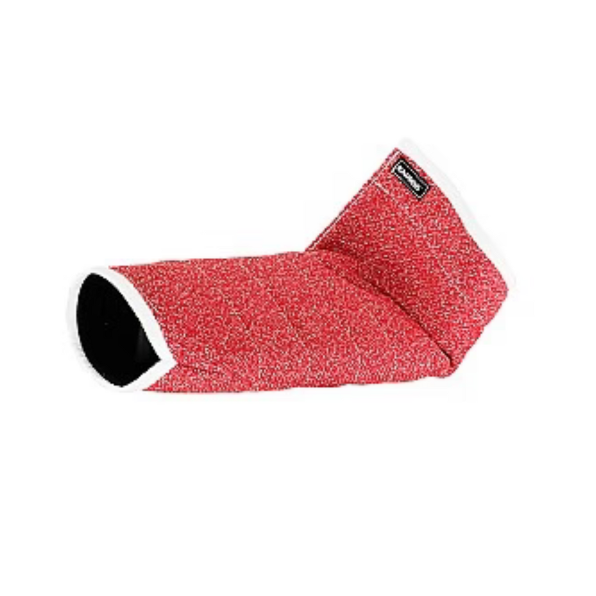 Red bite sleeve cover with textured surface and white trim edges, designed for dog protection training and compatible with training sleeves.
