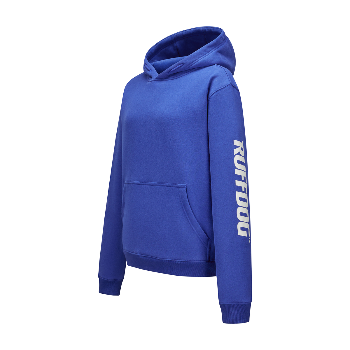 Ghost image of a blue dog trainer hoodie reaturing a front kangaroo pocket and a rear tunnel pocket for holding dog gear