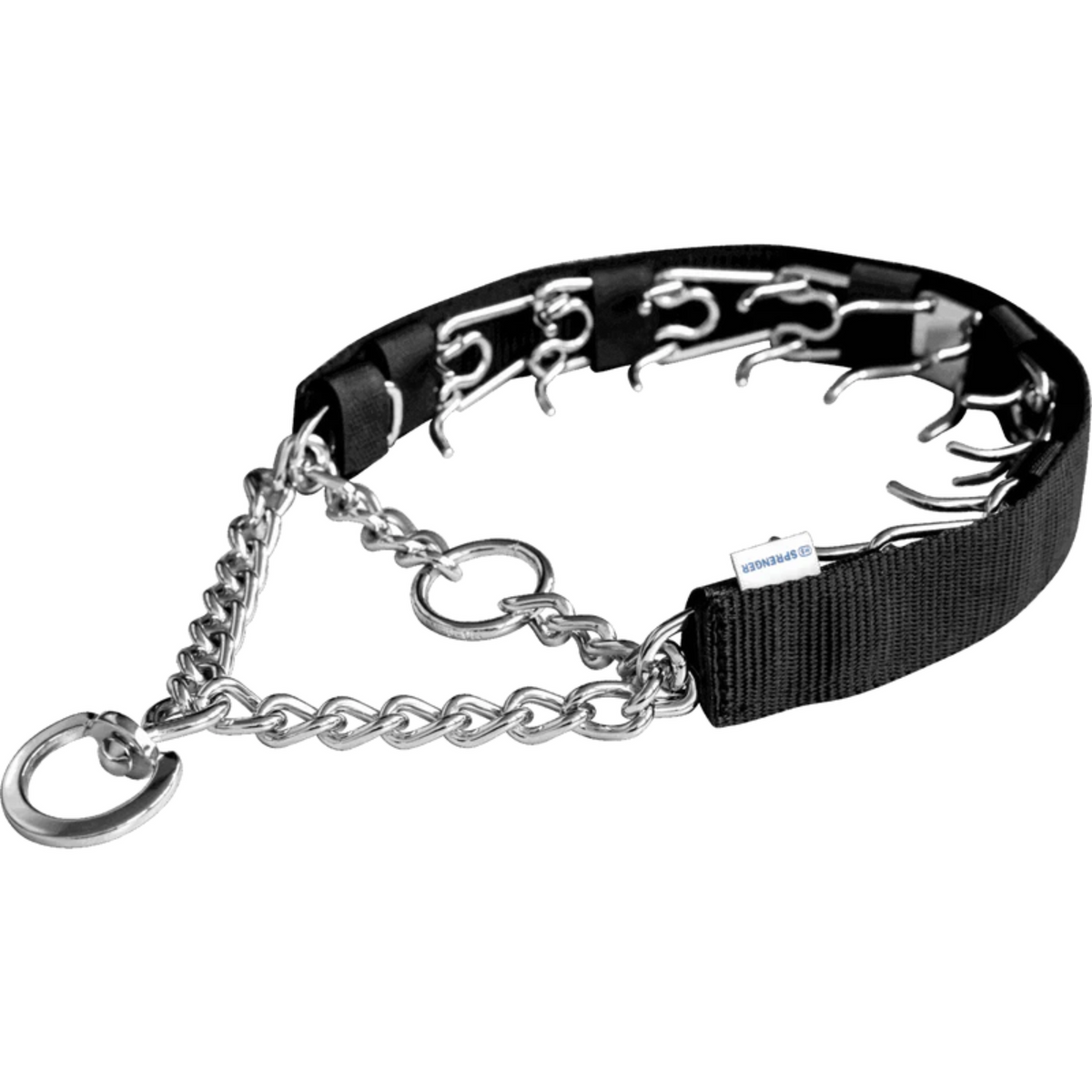 Black dog muzzle with metal chain on a white background.


