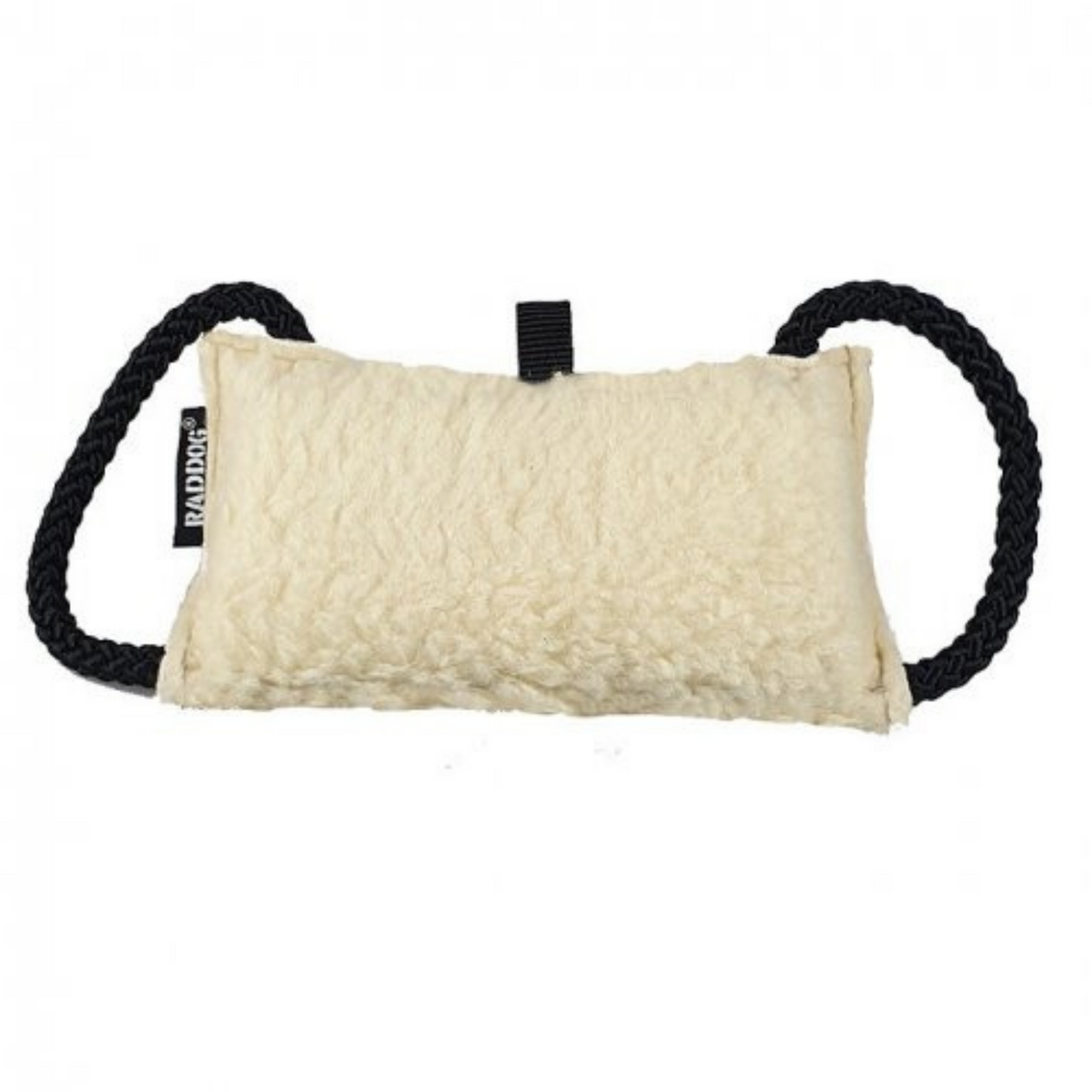 Raddog sheepskin bite pad with soft lamb-wool surface, dual rope handles, and center loop for dog training.