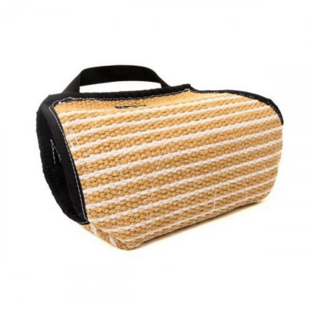 A jute soft throwing sleeve used for rewarding the dog or young puppy in training exercises