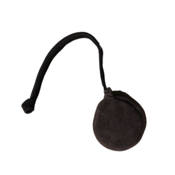 A small black leather ball with a rope attached, designed as a dog toy.

