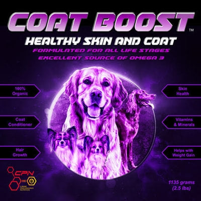 Coat Boost supplement supports healthy skin, coat and immunity in dogs